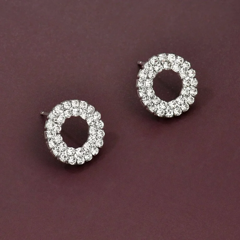 Silver Women's Elegant Geometric Round Rhinestone Stud Earrings